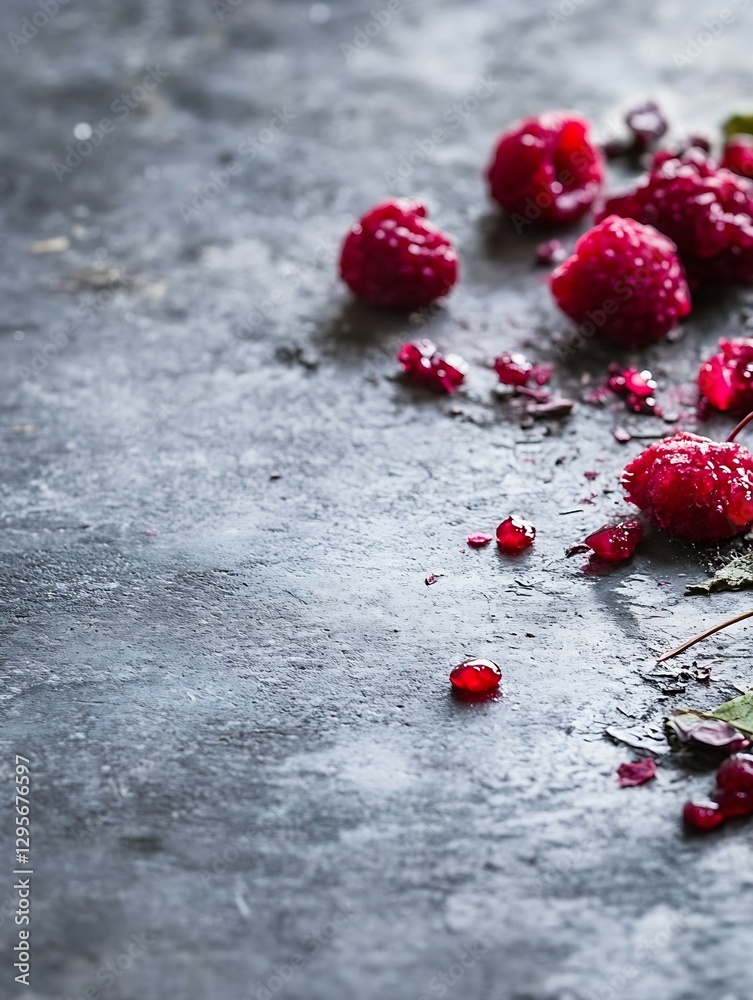 Poster Fresh raspberries scattered on a dark surface creating an appetizing and artistic display : Generative AI