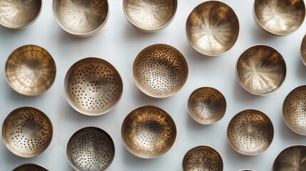 Fototapeta premium Ancient meditation bowls array, hand-hammered patterns, metallic brass finish, sacred sound tools, horizontal banner layout, pristine white setting, spiritual instruments, high-end product shot