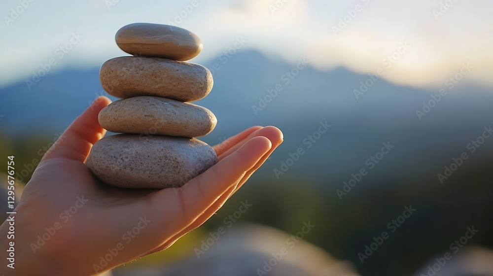 Poster stacked smooth stones held gently in hand against serene natural background : generative ai
