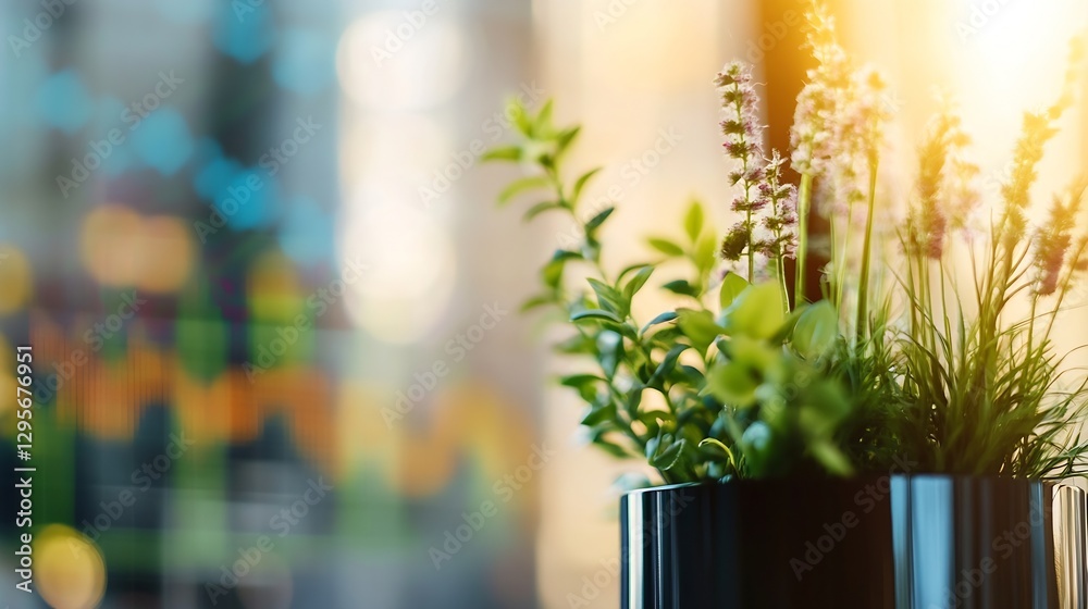 Poster a vibrant indoor potted plant basking in sunlight with a blurred colorful background creating a refr