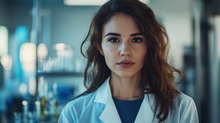 Fototapeta premium Young Female Scientist in Laboratory Setting with Long Dark Hair Wearing White Lab Coat and Serious Expression Focused on Research and Discovery