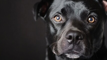 Close up portrait of a curious black dog with expressive brown eyes against a dark background : Generative AI