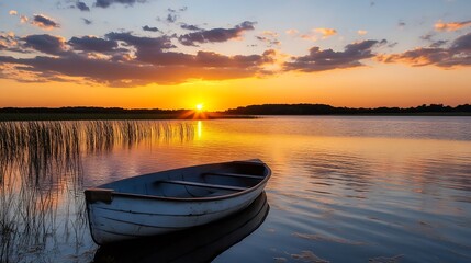 Serene Sunset Over Calm Waters with a Rowboat and Reflective Surface : Generative AI