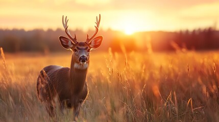 Fototapeta premium Majestic Deer Standing in a Field at Sunset with Soft Golden Light : Generative AI