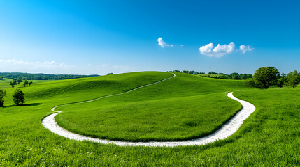 A quiet country road goes through green hills under a clear blue sky, showing the calm of the countryside
