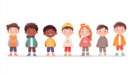 Children musicians set, animated character design, musical performance scene, simple vector style, diverse representation, contemporary clothing, white space layout, playful illustration art