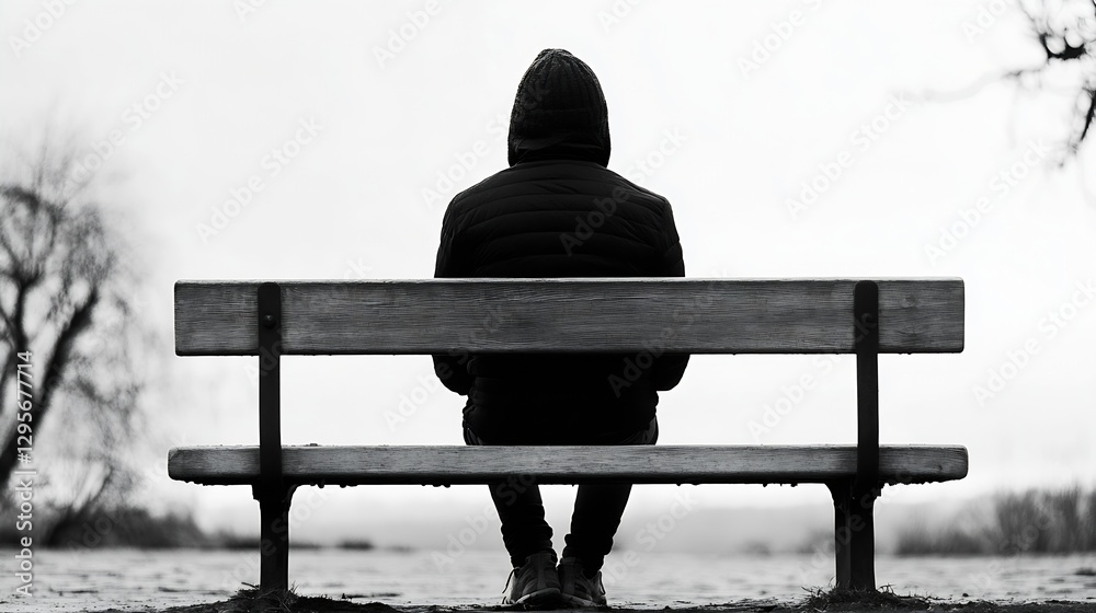 Poster man sitting alone on a park bench in black and white reflecting on life experience : generative ai