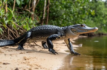 Majestic Close-Up of a Spectacular Crocodile Walking on Sandy Riverbank with Lush Green Vegetation in the Background