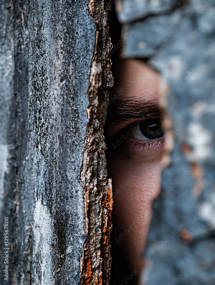 Aufkleber Mysterious Image of a Person Watching Through a Splintered Tree Bark : Generative AI
