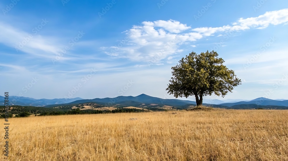Poster solitary tree on a hill in a vast dry landscape with mountains and blue sky creating a serene atmosp