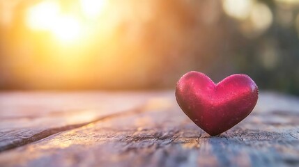 Fototapeta premium Heartshaped decoration glistening in the sunlight on weathered wooden surface capturing a romantic atmosphere : Generative AI