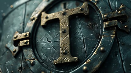 A detailed close-up of an ornate shield featuring a prominent metal 'T' emblem, showcasing a rugged texture and weathered design.