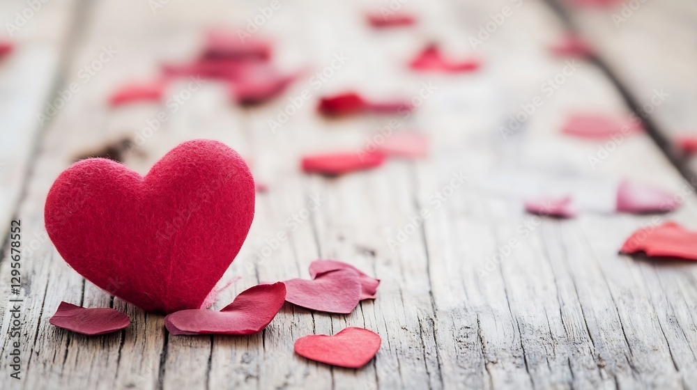 Poster soft red felt heart on rustic wooden surface surrounded by smaller heart shapes for romantic themes 