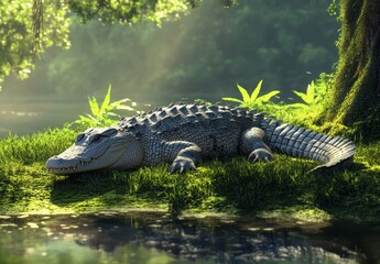 Majestic crocodile basking in the sunlight near a tranquil riverbank surrounded by lush greenery and serene nature, capturing a moment of wild beauty and grace
