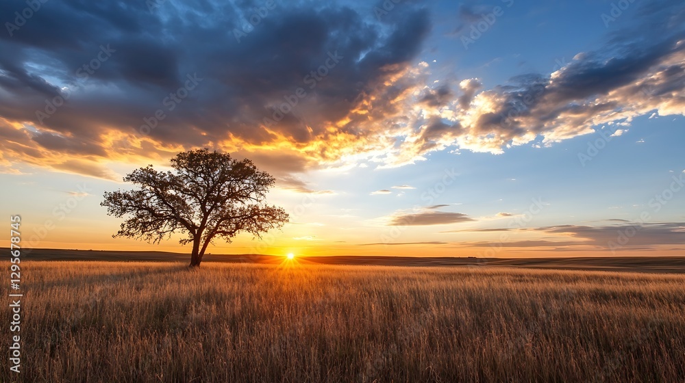 Poster lonely tree standing in a golden field during a stunning sunset : generative ai