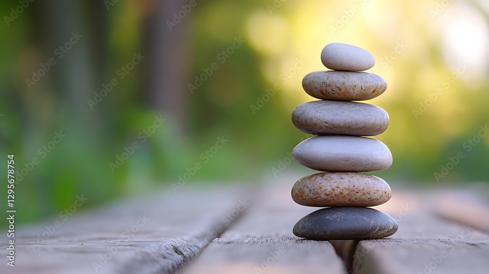 Aufkleber balanced stones on a wooden surface symbolizing tranquility and serenity in nature : generative ai