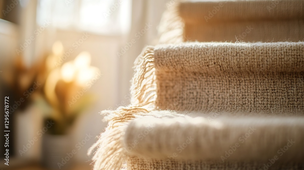 Poster Cozy staircase with soft woven texture under warm sunlight creating an inviting atmosphere at home : Generative AI