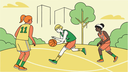 Outdoor Basketball Game Illustration Featuring Diverse Players in Action on Transparent Background
