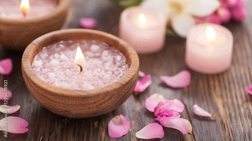 Poster spa setting with relaxing candles and bath salt highlighted by flower petals on a wooden surface : g