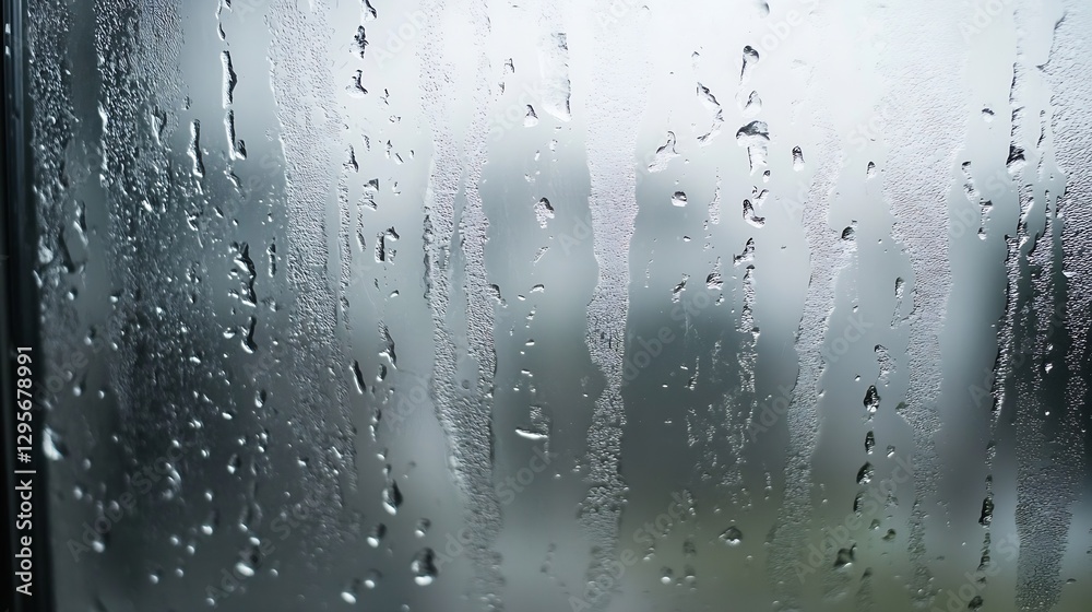 Fototapete Rainy Window with Droplets and Mist Creating Abstract View of the Outside World : Generative AI