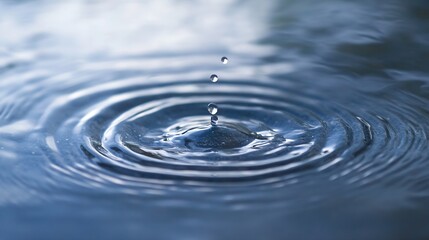 Close up view of a water droplet creating ripples in a serene blue lake surface : Generative AI