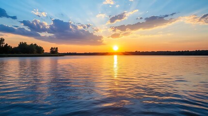 Naklejka premium Beautiful Sunset Over Calm Lake with Vibrant Colors and Reflections in the Water : Generative AI