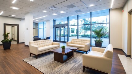 Modern office lobby with stylish seating and large glass windows : Generative AI