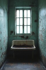 A dirty sink in an abandoned room with a window
