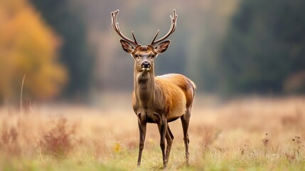 Naklejka premium Majestic Male Deer Stands Proudly in a Serene Autumn Landscape with Soft Lighting : Generative AI