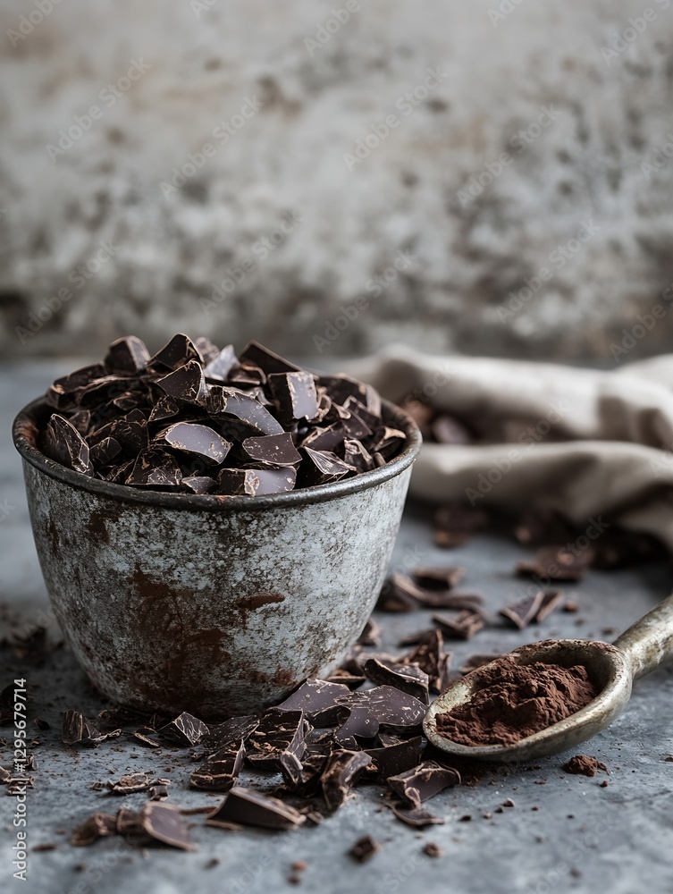 Poster Rustic metal bowl filled with dark chocolate pieces and cocoa powder on a weathered surface : Generative AI