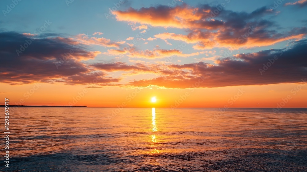Aufkleber Serene sunset over calm ocean creating a beautiful reflection with colorful clouds in the sky : Generative AI