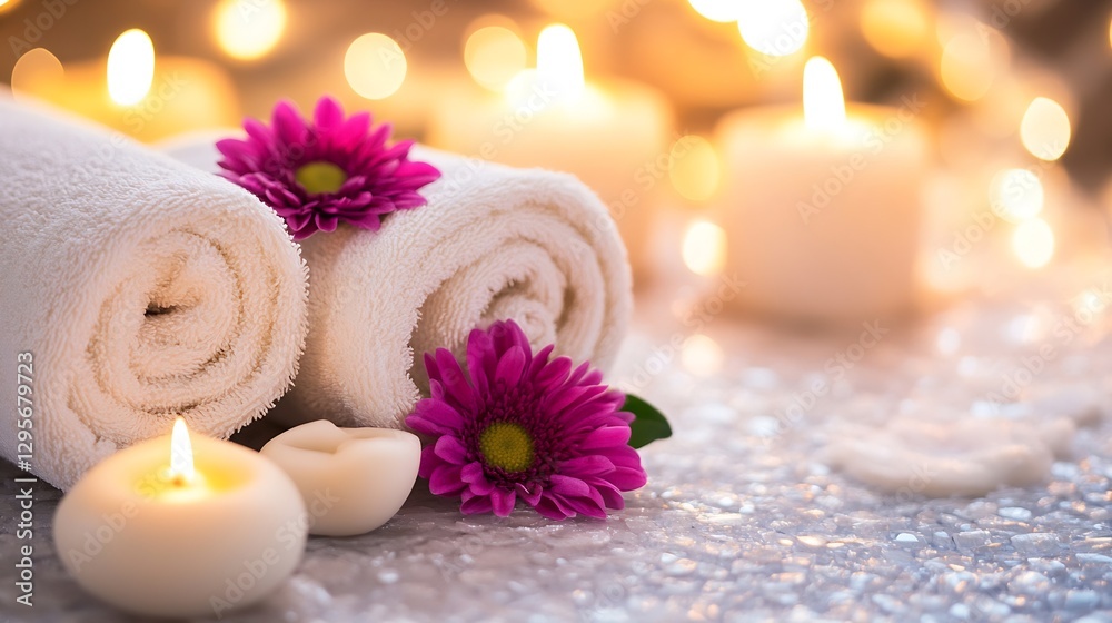Poster soft terry towels and flowers with candles on spa table for relaxation : generative ai