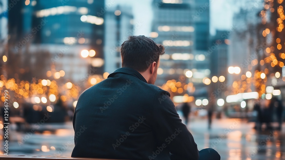 Poster back view of a man sitting and observing city lights during dusk : generative ai