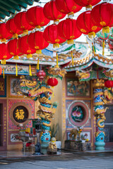 red lantern decoration for Chinese New Year Festival at Chinese shrine Ancient chinese art with the Chinese alphabet Blessings written on it Is a Fortune blessing compliment,Is a public place Thailand
