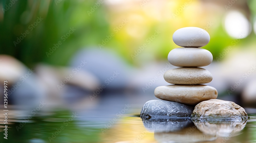 Poster balanced stack of smooth stones on water surface for zen and peaceful environment : generative ai