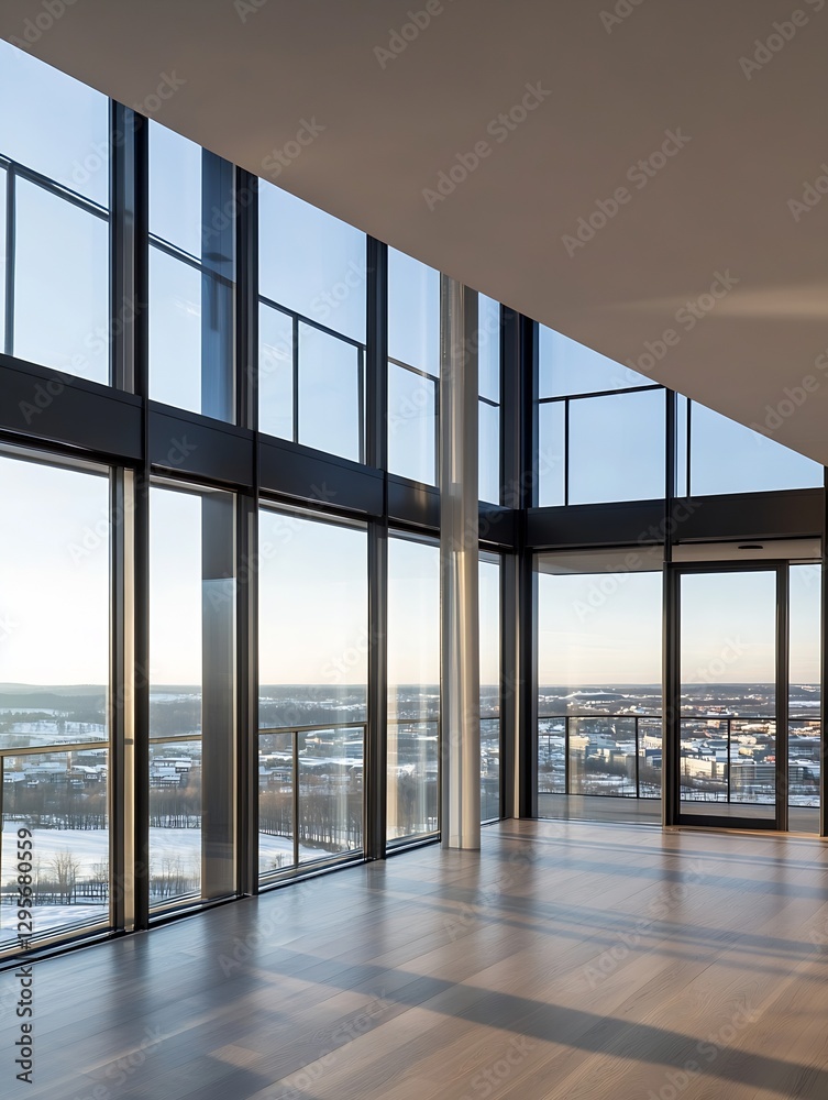Poster modern architectural interior with expansive glass windows offering a panoramic view of the landscap