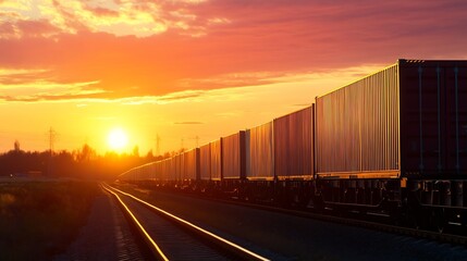 Fototapeta premium Scenic sunset landscape with bright orange sky and long train of containers on railway tracks : Generative AI