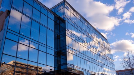 Modern Office Building Glass Facade Reflecting Clouds And Landscape During Sunny Day : Generative AI