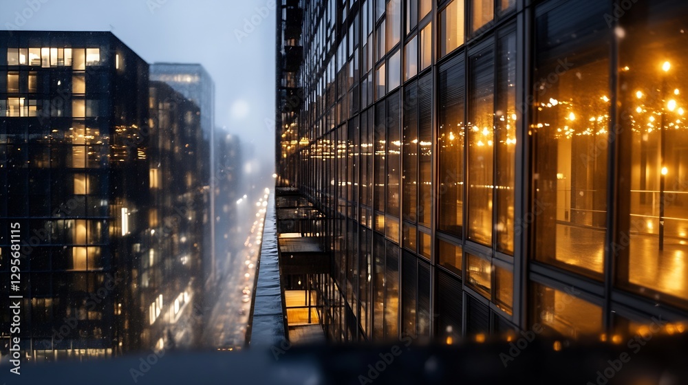 Poster modern architecture featuring reflectively illuminated glass buildings during a rainy evening : gene
