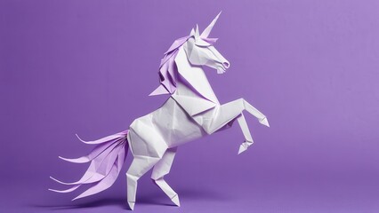 Obraz premium a whimsical origami unicorn stands proudly against a soft purple backdrop