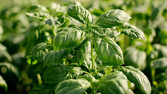Fresh basil plants growing in a vibrant garden during the warm afternoon sunlight in the summertime
