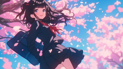 Obraz premium 桜の木の下で髪をなびかせているアニメ調の日本人美少女