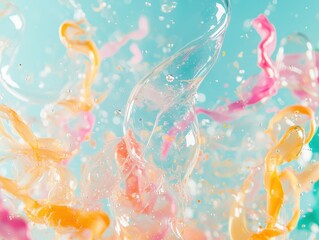 A kaleidoscope of vibrant, abstract bubbles, each a miniature masterpiece of color and form, floated on a soft, pastel canvas, creating a playful and imaginative atmosphere within a bustling 