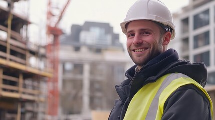 Fototapeta premium Smiling construction worker in hard hat at building site, surrounded by scaffolding and cranes, showcasing safety and professionalism in urban development