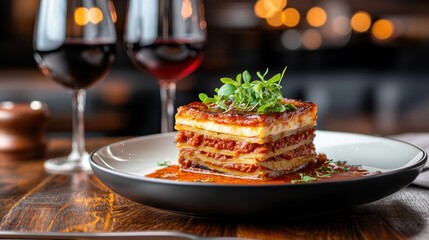 Lasagna on a plate with two glasses of red wine in the background. Italian food concept.