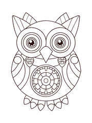 Steampunk Mechanical Owl with Gears and Cogs – Adult Coloring Page on White Background