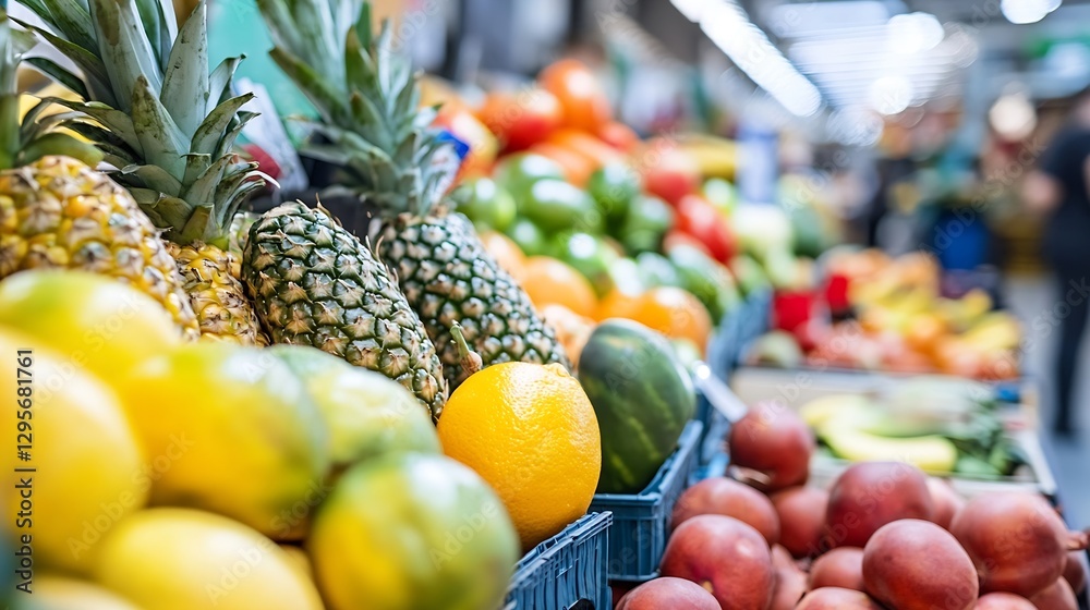 Poster Fresh vibrant fruits on display at a market including pineapples oranges and apples : Generative AI