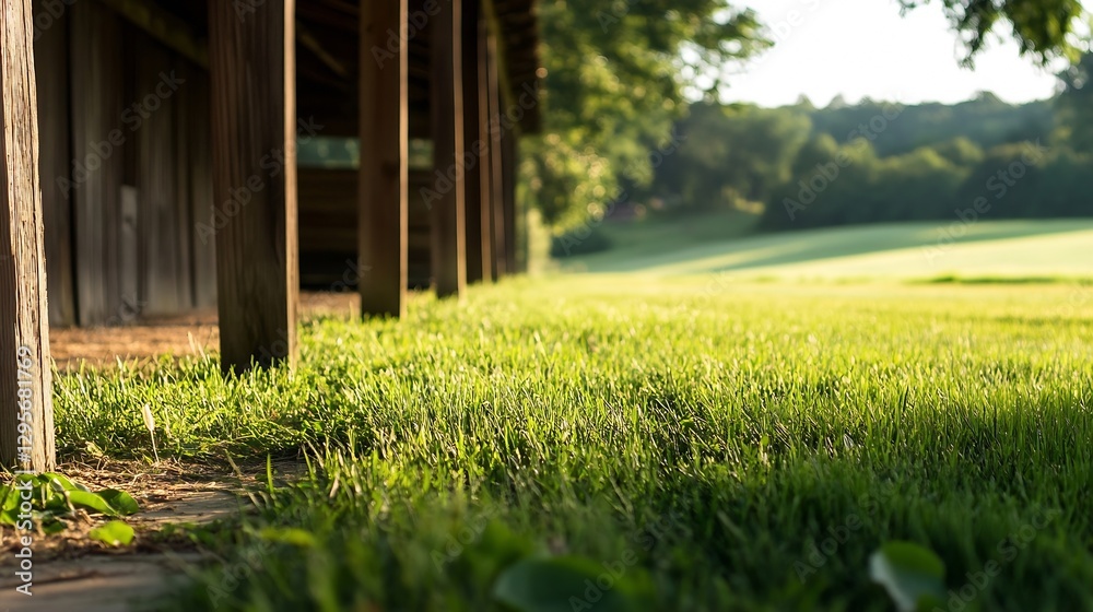 Leinwandbilder lush green grass with sunlight filtering through trees near a rustic wooden structure : generative a