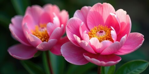 Obraz premium Pink peony's lush texture contrasts with bright yellow stamens, stamens, petals