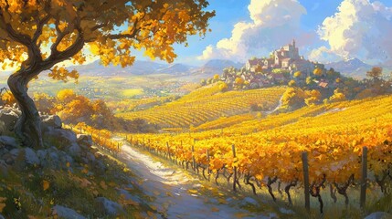 Autumnal Vineyard Landscape with Hilltop Village